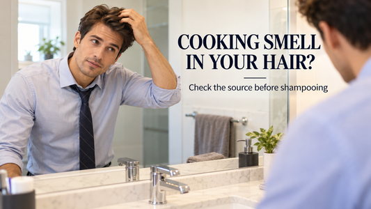 Man checking hair after exposure to cooking odors