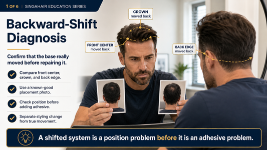 Man checking a hair system that shifted backward during the day