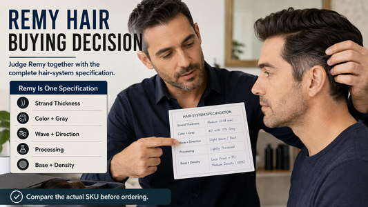 Man and consultant reviewing Remy human hair system specifications