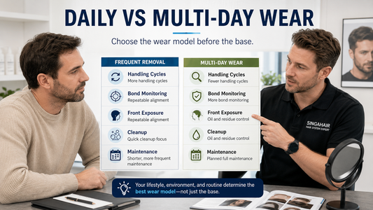 Man comparing daily removal and multi-day hair system wear routines