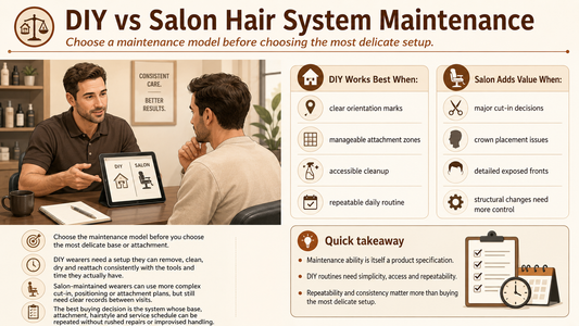 Man comparing DIY and salon hair system maintenance plans with a consultant