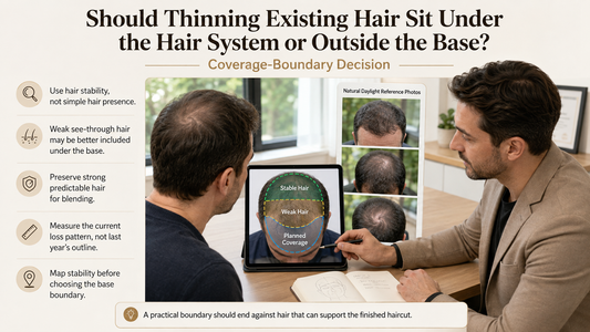 Man and consultant mapping stable and thinning existing hair for a hair system coverage boundary