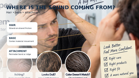 man checking a crinkling or rustling sound from a hair system