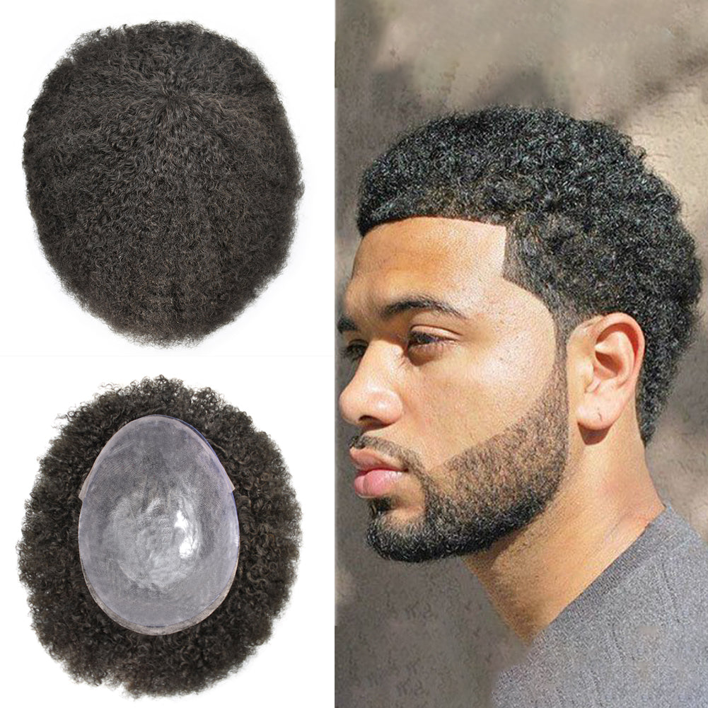 SINGA HAIR Afro Toupee For Black Men Human Hair Replacement System Units 0.12mm Durable Full Poly Skin Mens Hairpiece African American Mens Weave Hair Units
