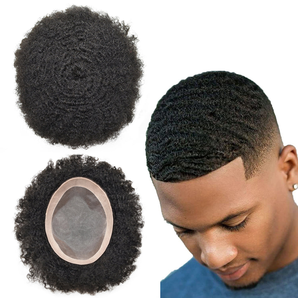 SINGA HAIR Afro Toupee for Black Men Real Human Hair Pieces Fine Monofilament with Poly Coated NPU Around Kinky Curly Man Weave Hair Units for Black Men