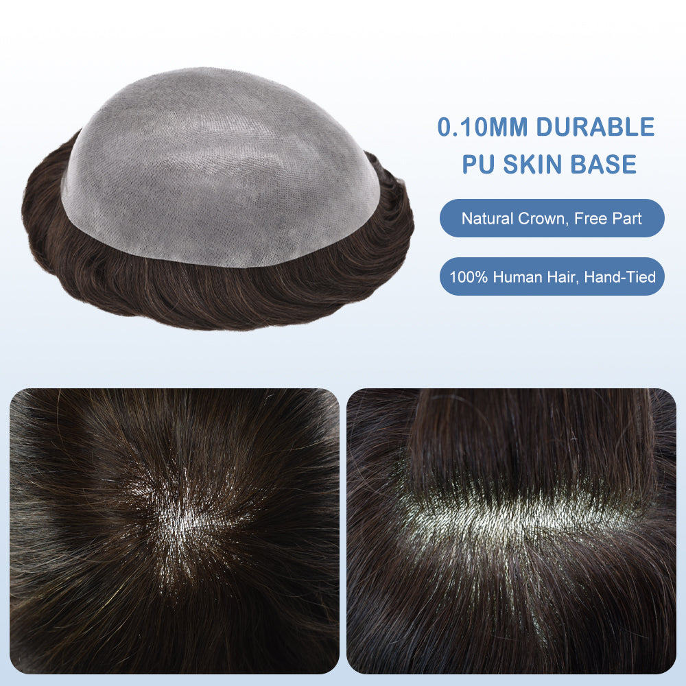 SINGA HAIR Mens Toupee Hair System 0.12mm Durable Full Poly Human Hair Piece for Men Full Skin Clear Poly Mens Toupee All V-looped Hairpiece For Men