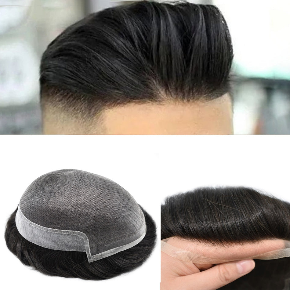 SINGA HAIR Men's Toupee Human Hair Replacement System French Lace Center Clear Poly Skin NPU Natural Looking Hairpiece Toupee for Men