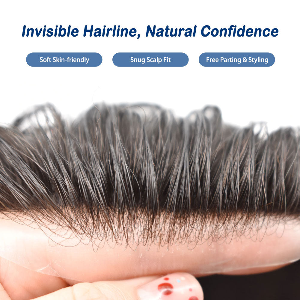 SINGA HAIR Toupee for Men 0.08mm Thickness Natural&Durable Knotted Thin Skin PU Human Hair System For Men V-Looped Knots Mens Hairpieces Natural Hairline Toupee for Men