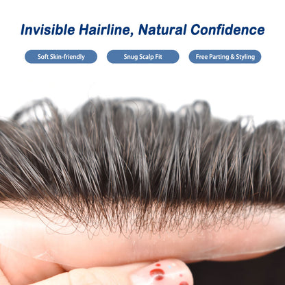 SINGA HAIR Toupee for Men 0.08mm Thickness Natural&Durable Knotted Thin Skin PU Human Hair System For Men V-Looped Knots Mens Hairpieces Natural Hairline Toupee for Men