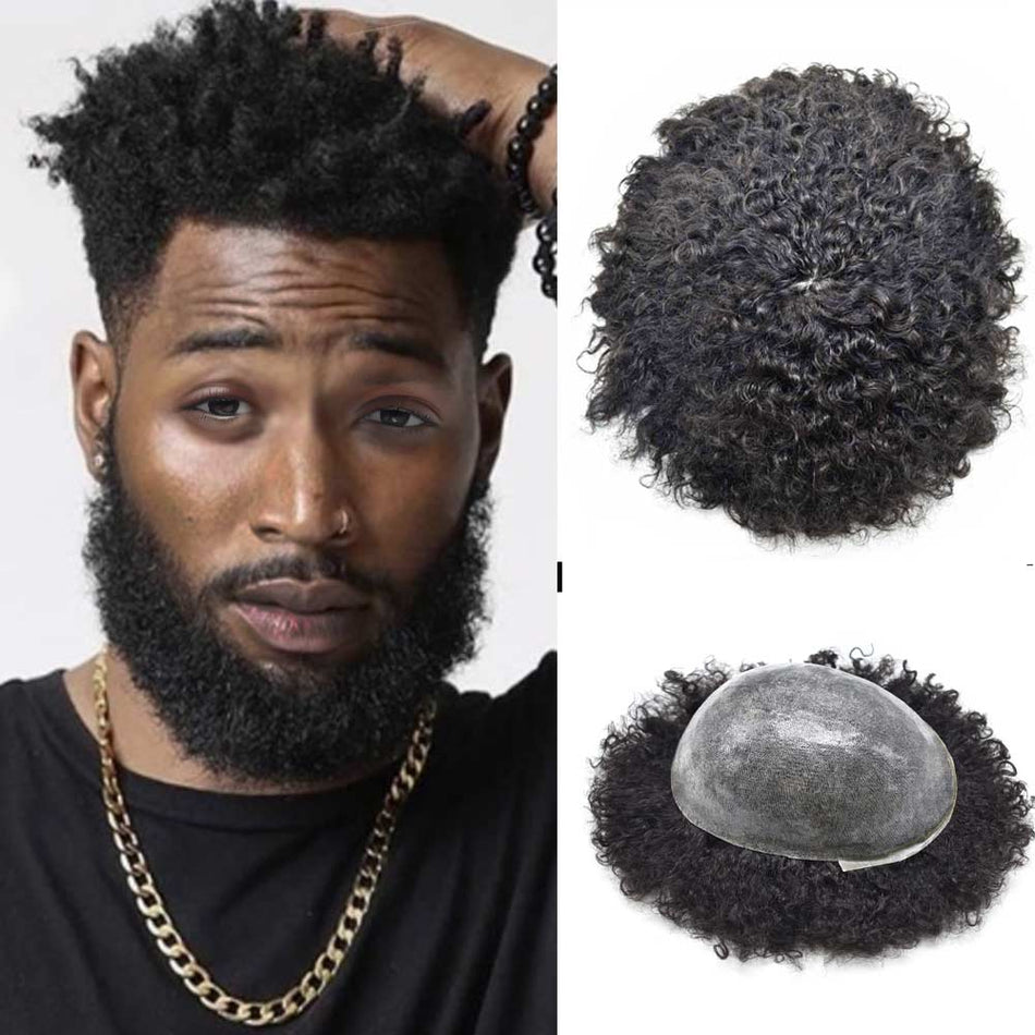 SINGA HAIR Afro Toupee For Black Men Full PU Curly Hair Unit For American African Men US Stock