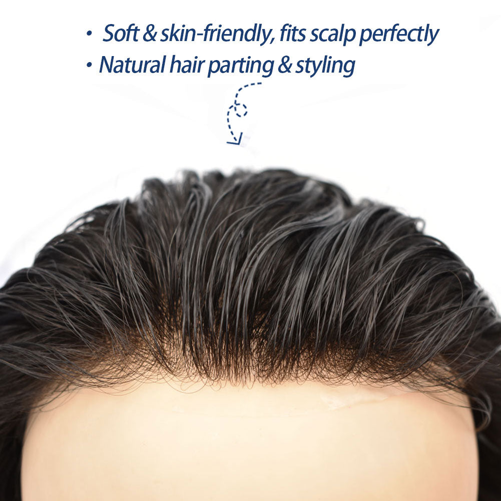 SINGA HAIR Toupee for Men 0.08mm Thickness Natural&Durable Knotted Thin Skin PU Human Hair System For Men V-Looped Knots Mens Hairpieces Natural Hairline Toupee for Men