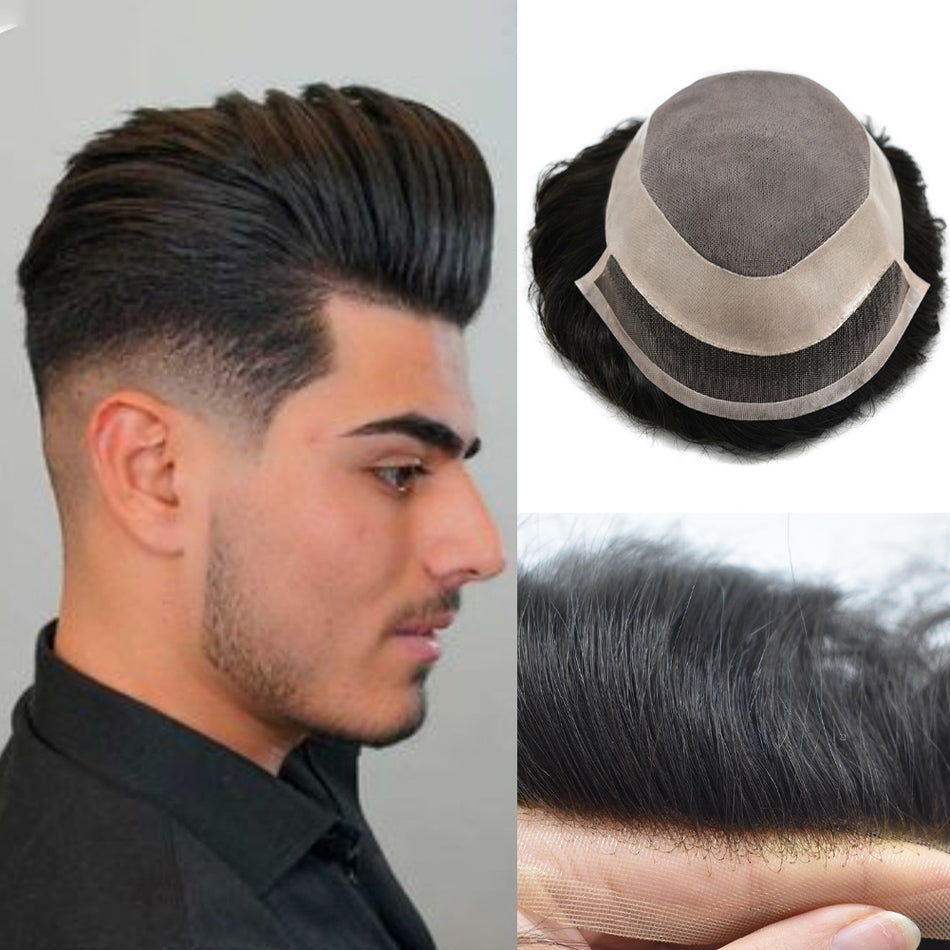 SINGA HAIR Mens Toupee Human Hair Piece Durable Fine Mono Lace Front with Poly NPU Around Natural Wig Hairpieces Human Hair Replacement System for Men