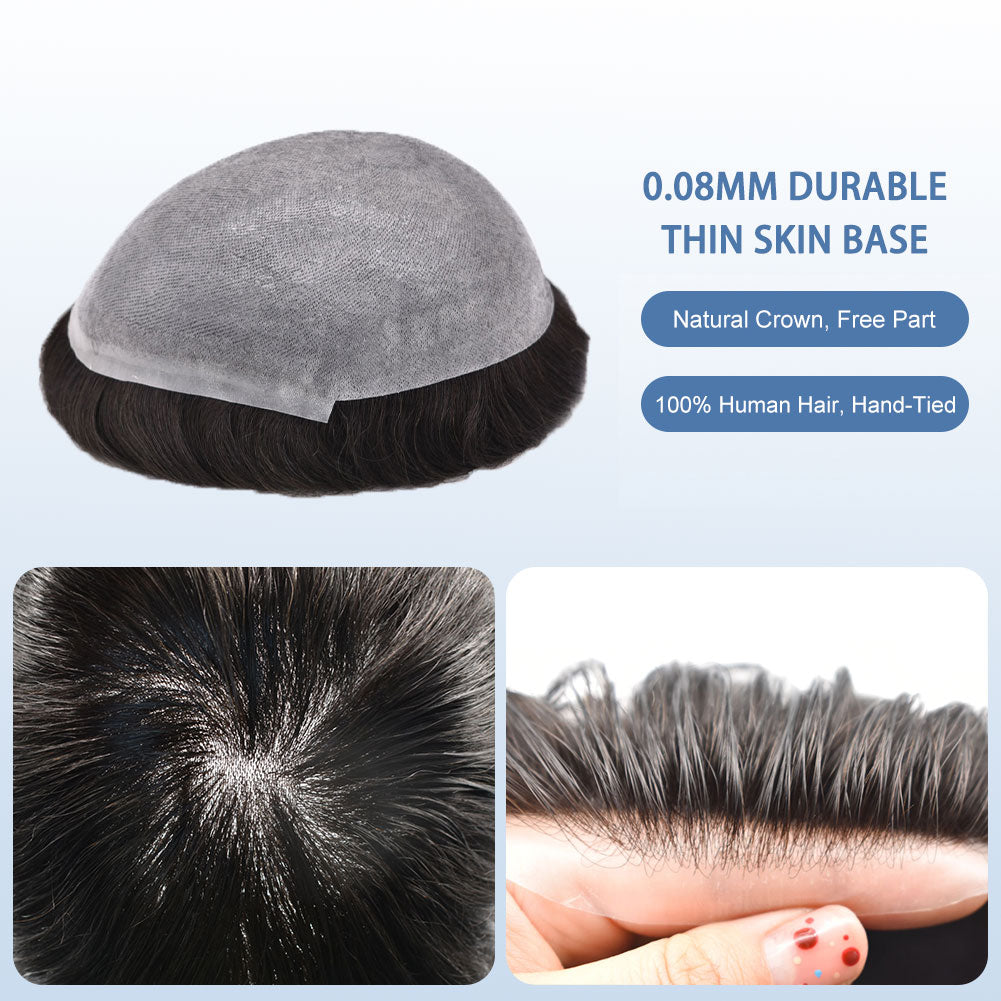 SINGA HAIR Toupee for Men 0.08mm Thickness Natural&Durable Knotted Thin Skin PU Human Hair System For Men V-Looped Knots Mens Hairpieces Natural Hairline Toupee for Men