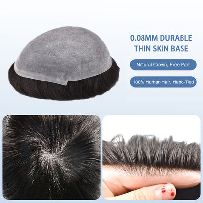 SINGA HAIR Toupee for Men 0.08mm Thickness Natural&Durable Knotted Thin Skin PU Human Hair System For Men V-Looped Knots Mens Hairpieces Natural Hairline Toupee for Men