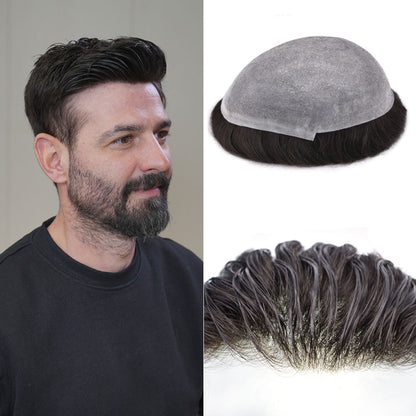 SINGA HAIR Toupee for Men 0.08mm Thickness Natural&Durable Knotted Thin Skin PU Human Hair System For Men V-Looped Knots Mens Hairpieces Natural Hairline Toupee for Men