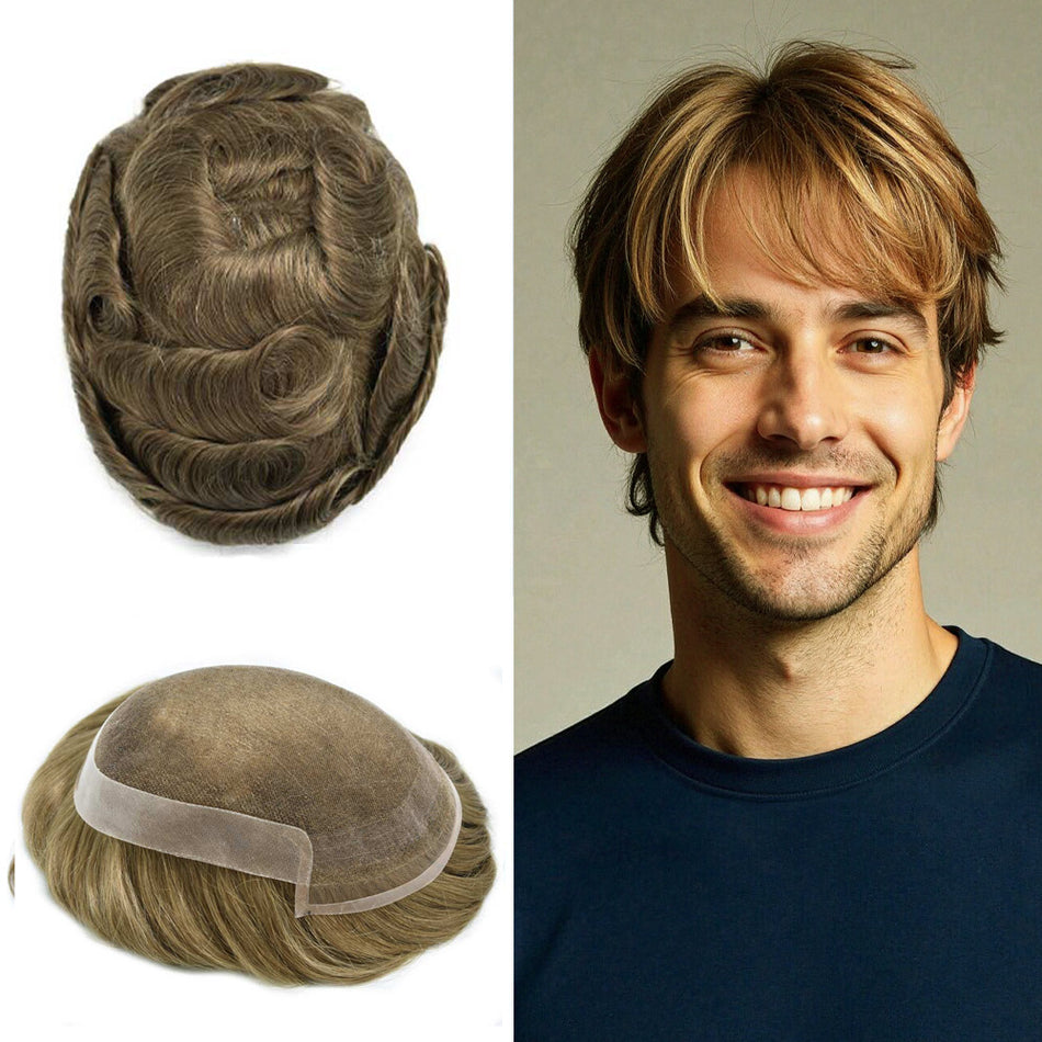 SINGA HAIR Toupee for Men Real Human Hair Piece French Lace Mens Hairpiece NPU Poly Coating Breathable Hair Replacement System Mens Toupee Natural Hairline