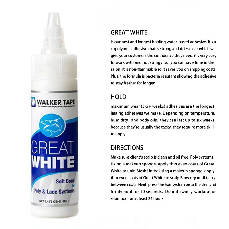 Great White Glue Adhesive Soft Bond Lace Poly Hair Replacement System Front Bonding Weave Wigs Active Wig Hairpiece Super Bold Hold Adhesive Liquid Glue 1.4 Oz