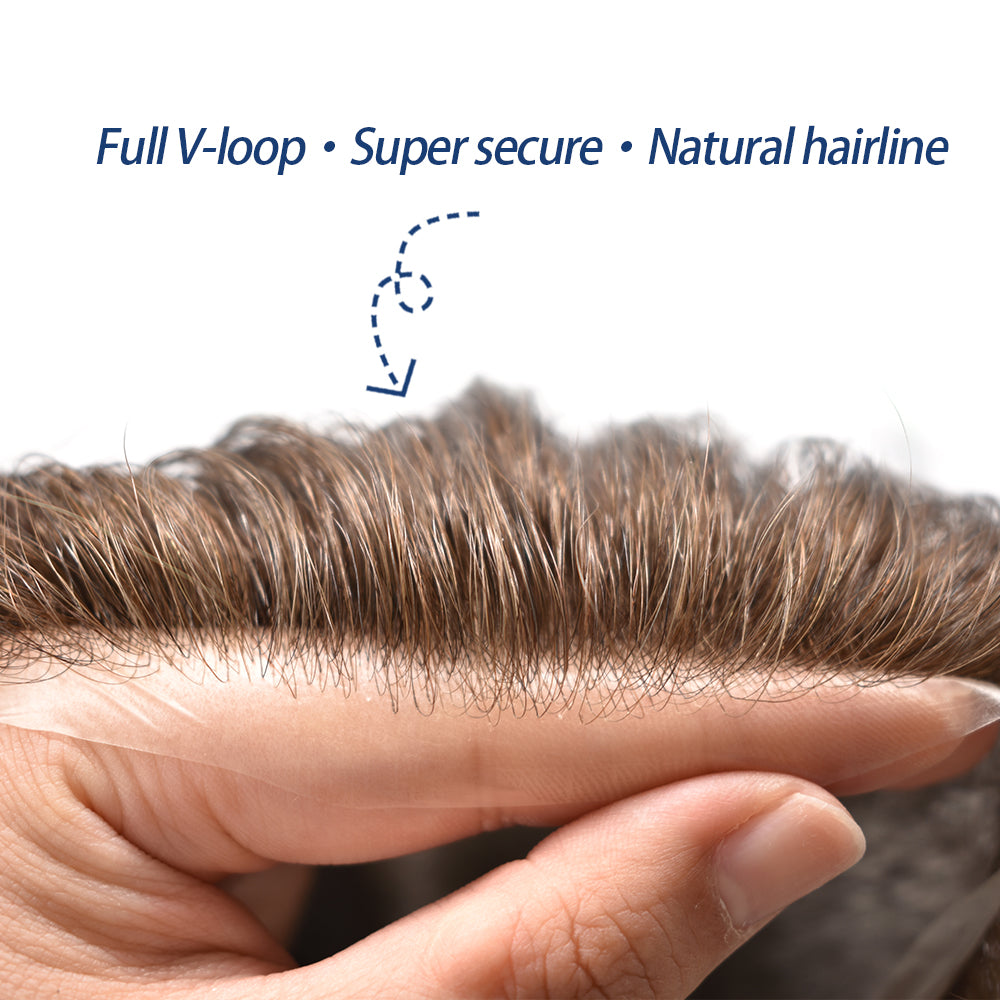 SINGA HAIR US Stock 0.06mm Ultra Thin Skin Hair System for Men V-Looped Knots Mens Hairpieces Toupee for Men