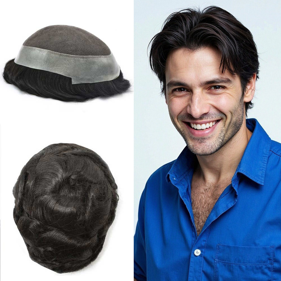 SINGA HAIR US Stock Human Hairpiece French Lace Mens Toupee Poly Skin Around Mens Hair System