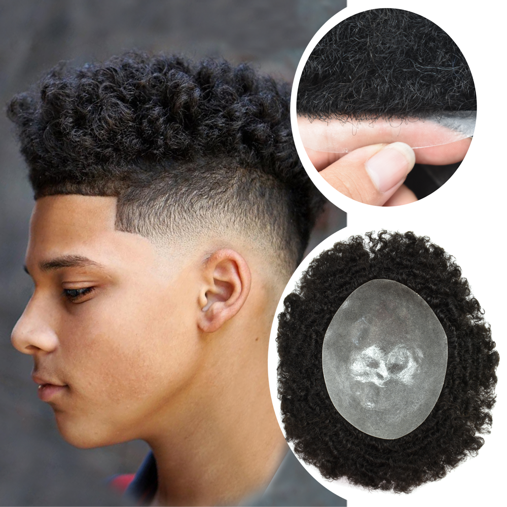 SINGA HAIR Afro Toupee For Black Men Human Hair Replacement System Units 0.12mm Durable Full Poly Skin Mens Hairpiece African American Mens Weave Hair Units