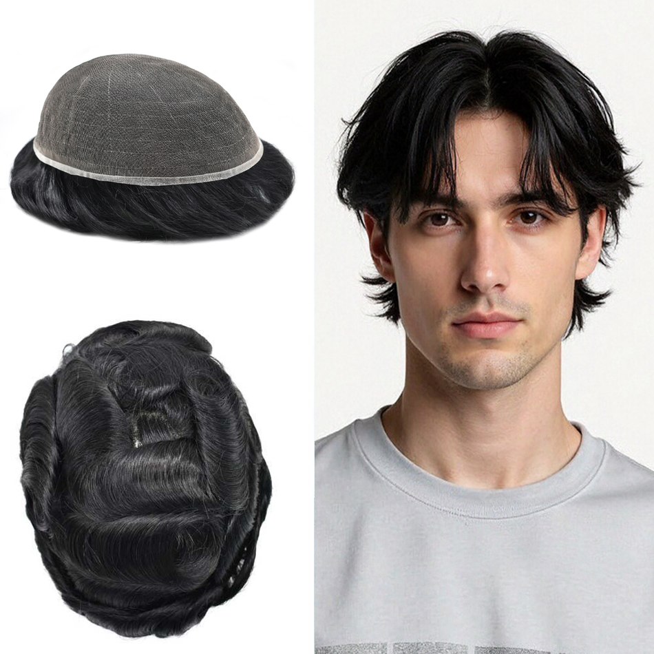SINGA HAIR Mens Toupee Full French Lace Hair Replacement System Real Human Hair Hair Pieces Breathable Bleached Knot Hairpiece for Mens Natural Hairline