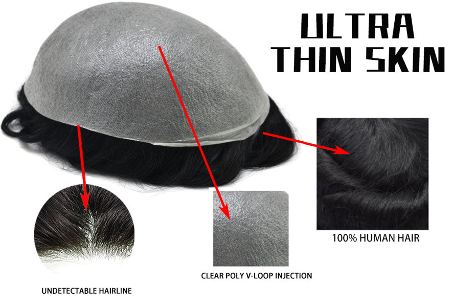 SINGA HAIR US Stock 0.06mm Ultra Thin Skin Hair System for Men V-Looped Knots Mens Hairpieces Toupee for Men