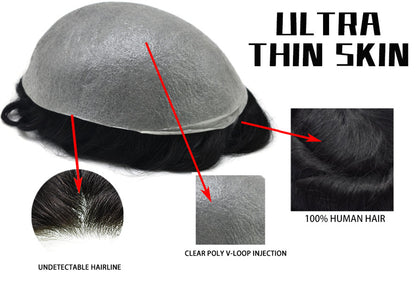 SINGA HAIR US Stock 0.06mm Ultra Thin Skin Hair System for Men V-Looped Knots Mens Hairpieces Toupee for Men