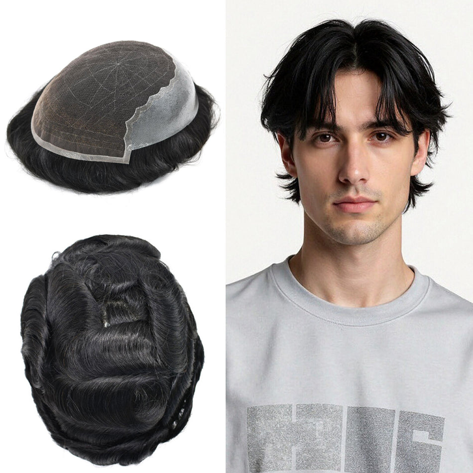 SINGA HAIR Mens Real Human Hair Replacement System Swiss Lace Toupee For Men Hairpiece Breathable Bleached Knot Natural Hairline