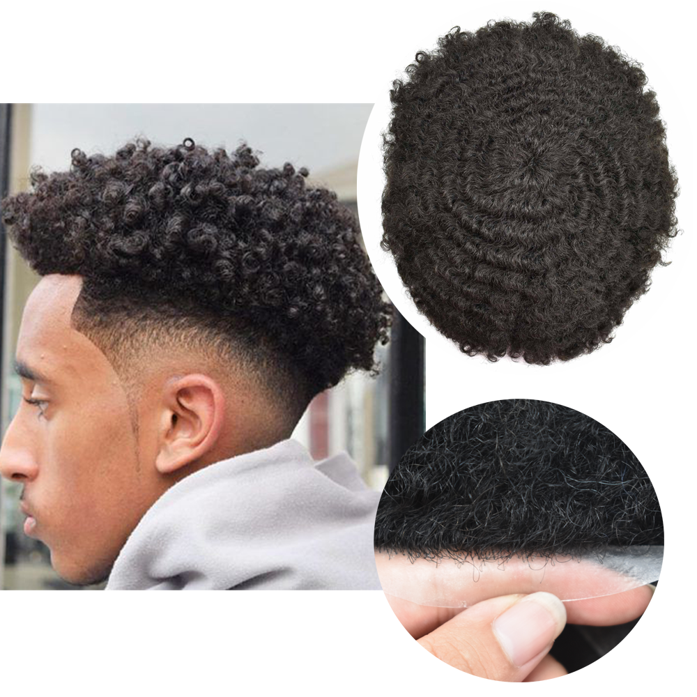 SINGA HAIR Afro Toupee For Black Men Human Hair Replacement System Units 0.12mm Durable Full Poly Skin Mens Hairpiece African American Mens Weave Hair Units