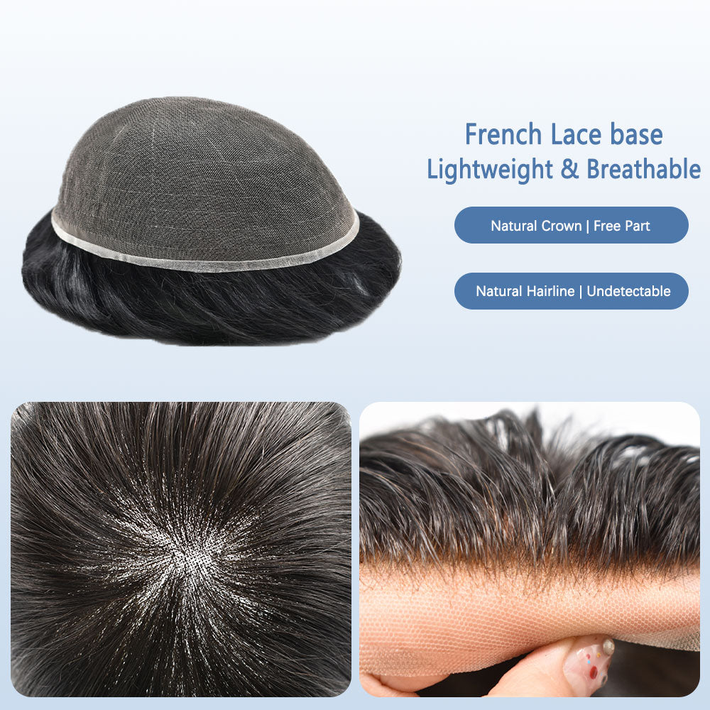 SINGA HAIR Mens Toupee Full French Lace Hair Replacement System Real Human Hair Hair Pieces Breathable Bleached Knot Hairpiece for Mens Natural Hairline