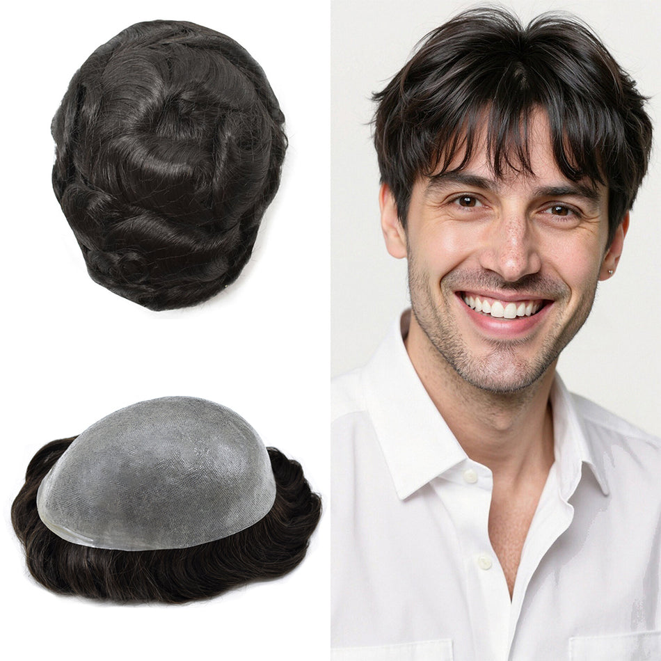 SINGA HAIR Toupee for Men Full PU 0.08mm Thickness Real Human Hair System Poly Skin Hairpieces