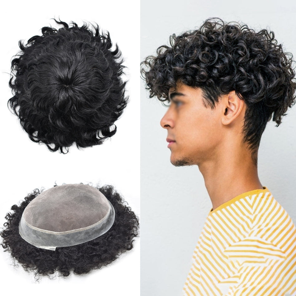 SINGA HAIR US STOCK Afro Toupee For Black Men Fine Mono Men Wave Hair Unit Clear Poly Around Kinky Curly Hairpiece