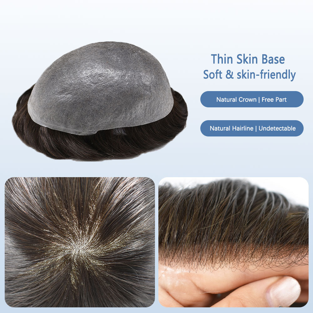 SINGA HAIR US Stock 0.06mm Ultra Thin Skin Hair System for Men V-Looped Knots Mens Hairpieces Toupee for Men