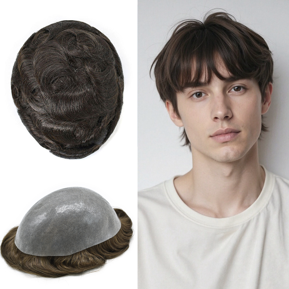 SINGA HAIR Mens Hair Replacement System Durable Human Hair Piece for Men Full Skin Clear Poly Mens Toupee All V-looped Hairpiece For Men