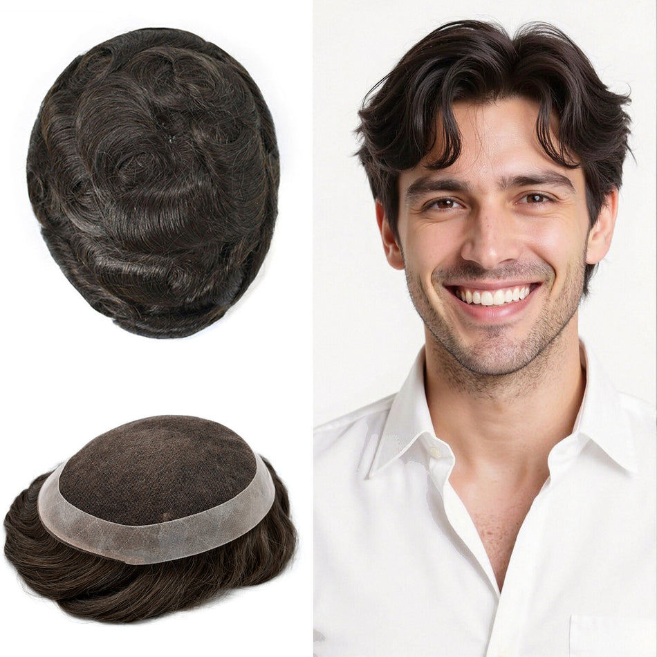 SINGA HAIR Hair Replacement Systems Real Human Hairpiece French Lace Toupee for Men Poly Coating Around Mens Hair System