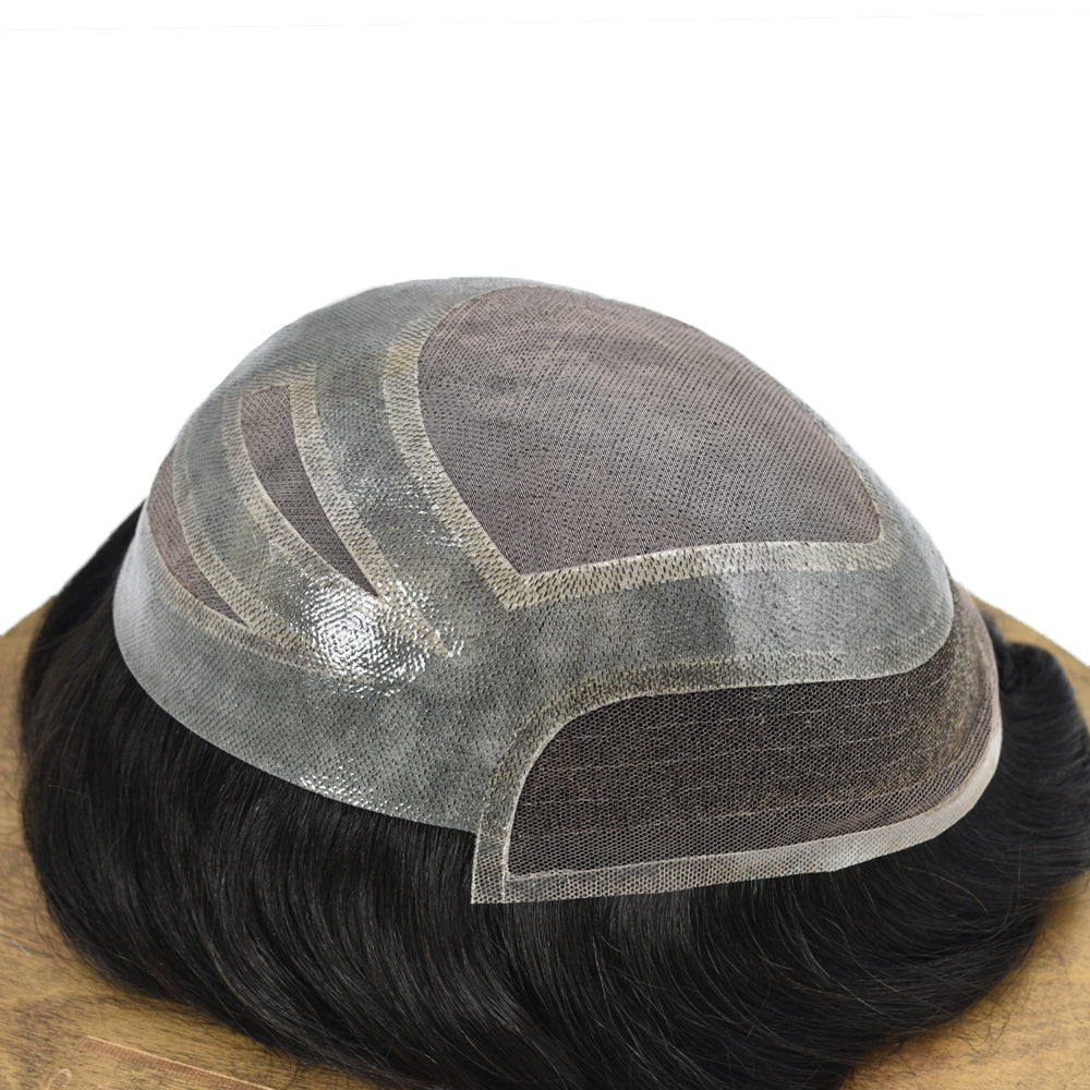 SINGA HAIR Fine Mono Mens Hair Pieces French Lace Front Men Toupee Poly Skin Hair Replacement System for Men