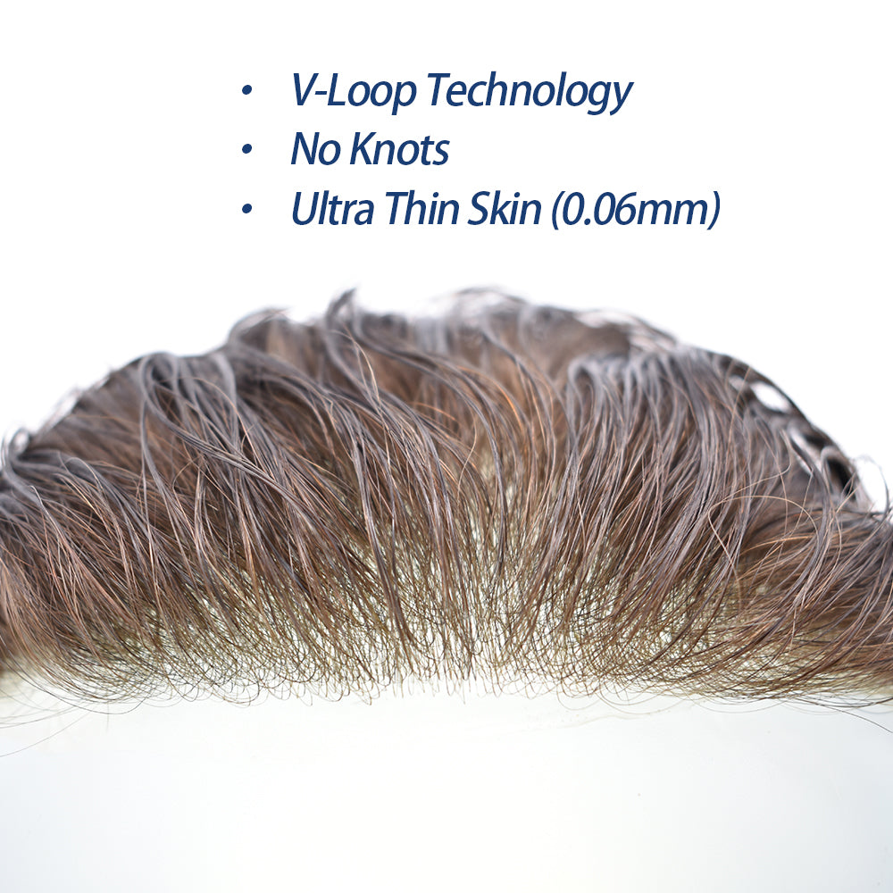 SINGA HAIR US Stock 0.06mm Ultra Thin Skin Hair System for Men V-Looped Knots Mens Hairpieces Toupee for Men