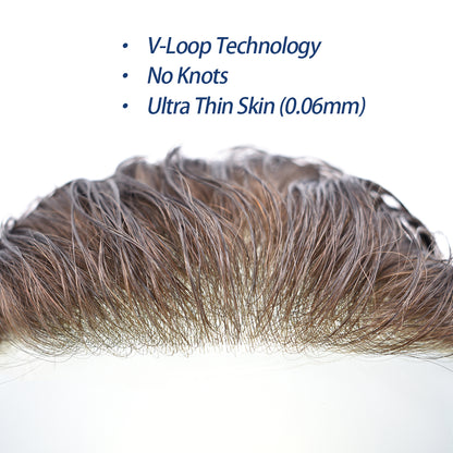 SINGA HAIR US Stock 0.06mm Ultra Thin Skin Hair System for Men V-Looped Knots Mens Hairpieces Toupee for Men