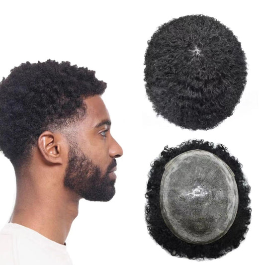 SINGA HAIR Mens Hair Unit Real Human Hair Afro Curl Toupee for Black Men Hand Tied Injected PU Breathable Kinky Curly African American Mens Wigs Hair Replacement System