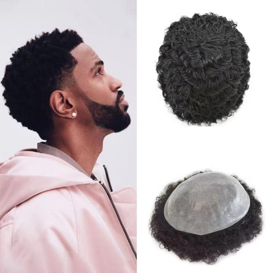 SINGA HAIR Afro Toupee For Black Men Human Hair Replacement System Units 0.12mm Durable Full Poly Skin Mens Hairpiece African American Mens Weave Hair Units