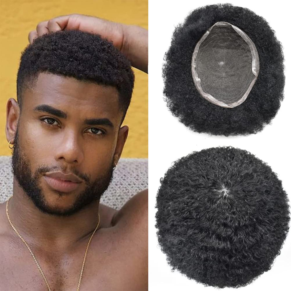 SINGA HAIR Afro Kinky Curly Hairpieces for Man Full French Lace Hair Units Mens Hairpiece Afro Brazilian Human Hair Replacement System for Men
