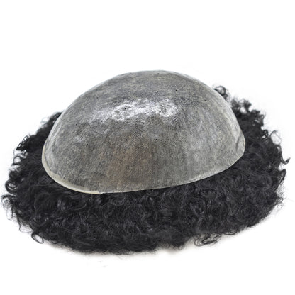 SINGA HAIR Mens Hair Unit Real Human Hair Afro Curl Toupee for Black Men Hand Tied Injected PU Breathable Kinky Curly African American Mens Wigs Hair Replacement System