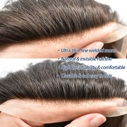 SINGA HAIR Mens Toupee Human Hair Piece Durable Fine Mono Lace Front with Poly NPU Around Natural Wig Hairpieces Human Hair Replacement System for Men
