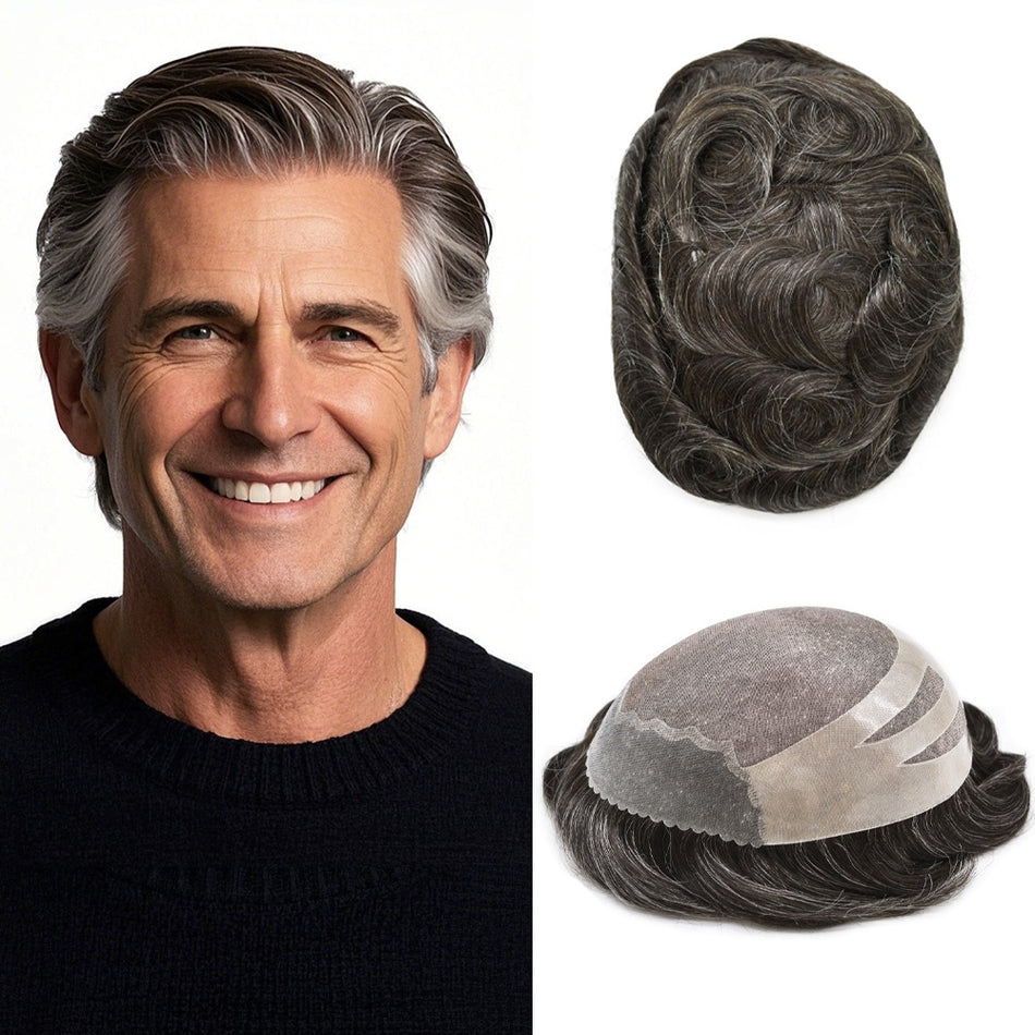 SINGA HAIR Men's Toupee Human Hair Replacement System Durable Fine Mono Center Clear Poly Skin NPU Natural Looking Hairpiece Toupee for Men