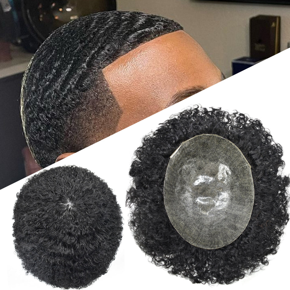 SINGA HAIR Mens Hair Unit Real Human Hair Afro Curl Toupee for Black Men Hand Tied Injected PU Breathable Kinky Curly African American Mens Wigs Hair Replacement System