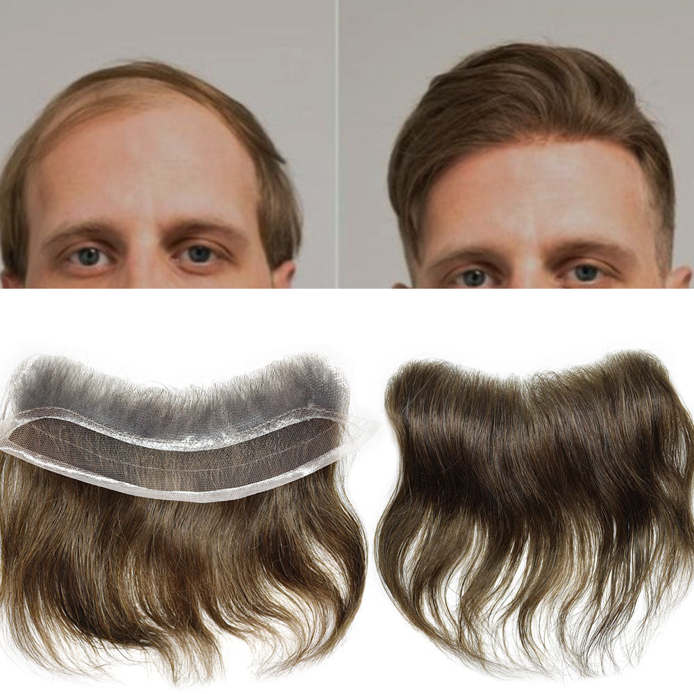 SINGA HAIR Human Hair Mens Frontal Hairpiece Forehead Hairline Toupee French Lace With PU Natural Hairline For Receding Hairline 4X18cm