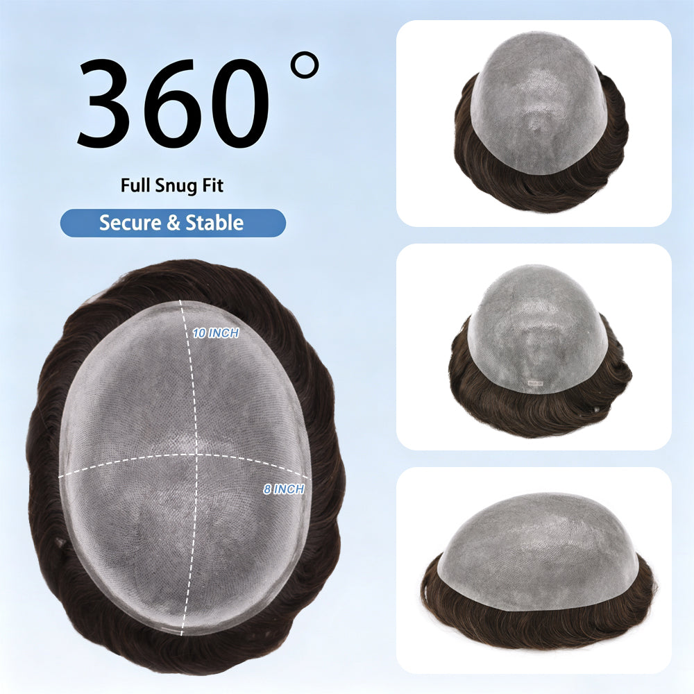 SINGA HAIR Mens Toupee Hair System 0.12mm Durable Full Poly Human Hair Piece for Men Full Skin Clear Poly Mens Toupee All V-looped Hairpiece For Men