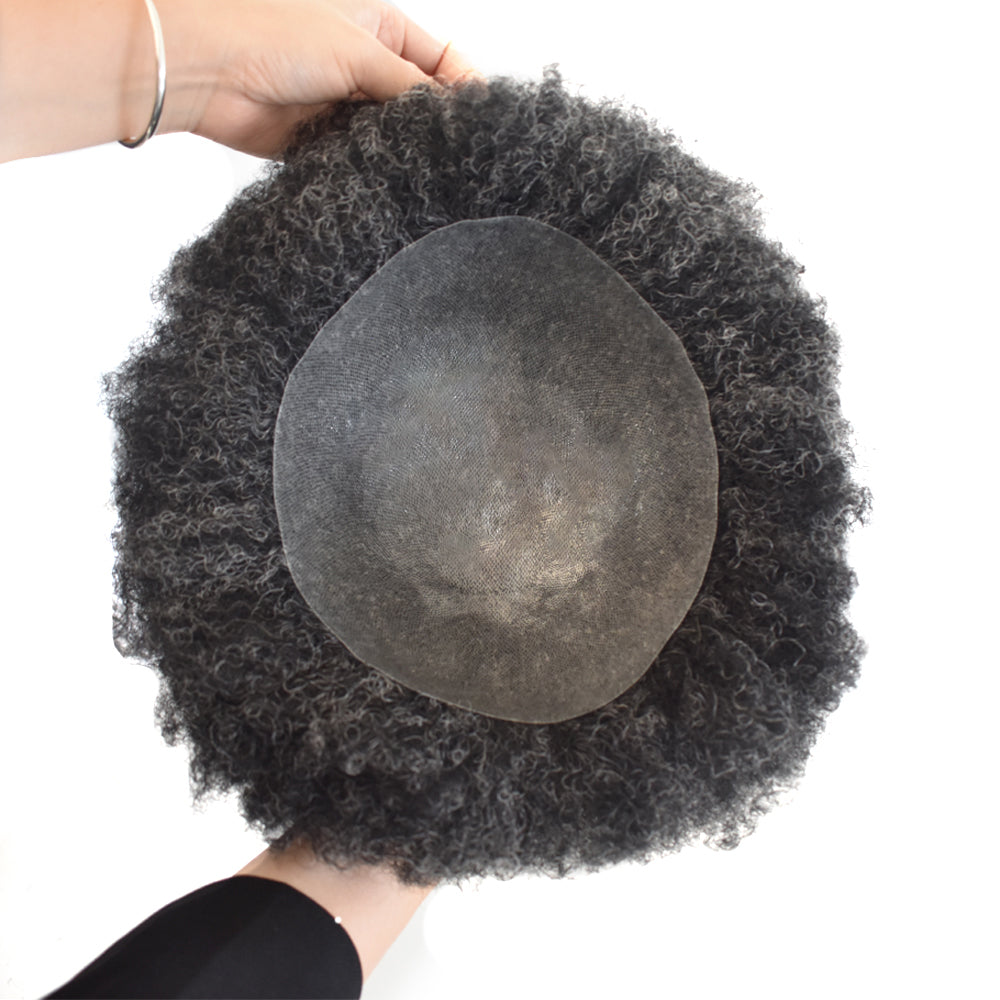 SINGA HAIR Afro Toupee For Black Men Human Hair Replacement System Units 0.12mm Durable Full Poly Skin Mens Hairpiece African American Mens Weave Hair Units