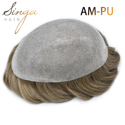 SINGA HAIR Toupee for Men 0.08mm Thickness Natural&Durable Knotted Thin Skin PU Human Hair System For Men V-Looped Knots Mens Hairpieces Natural Hairline Toupee for Men