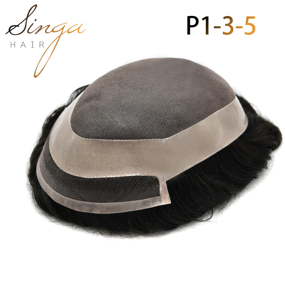 SINGA HAIR Mens Toupee Human Hair Piece Durable Fine Mono Lace Front with Poly NPU Around Natural Wig Hairpieces Human Hair Replacement System for Men